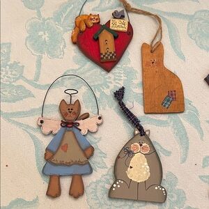 Set of 4 Hand Made Wooden Cat Ornaments